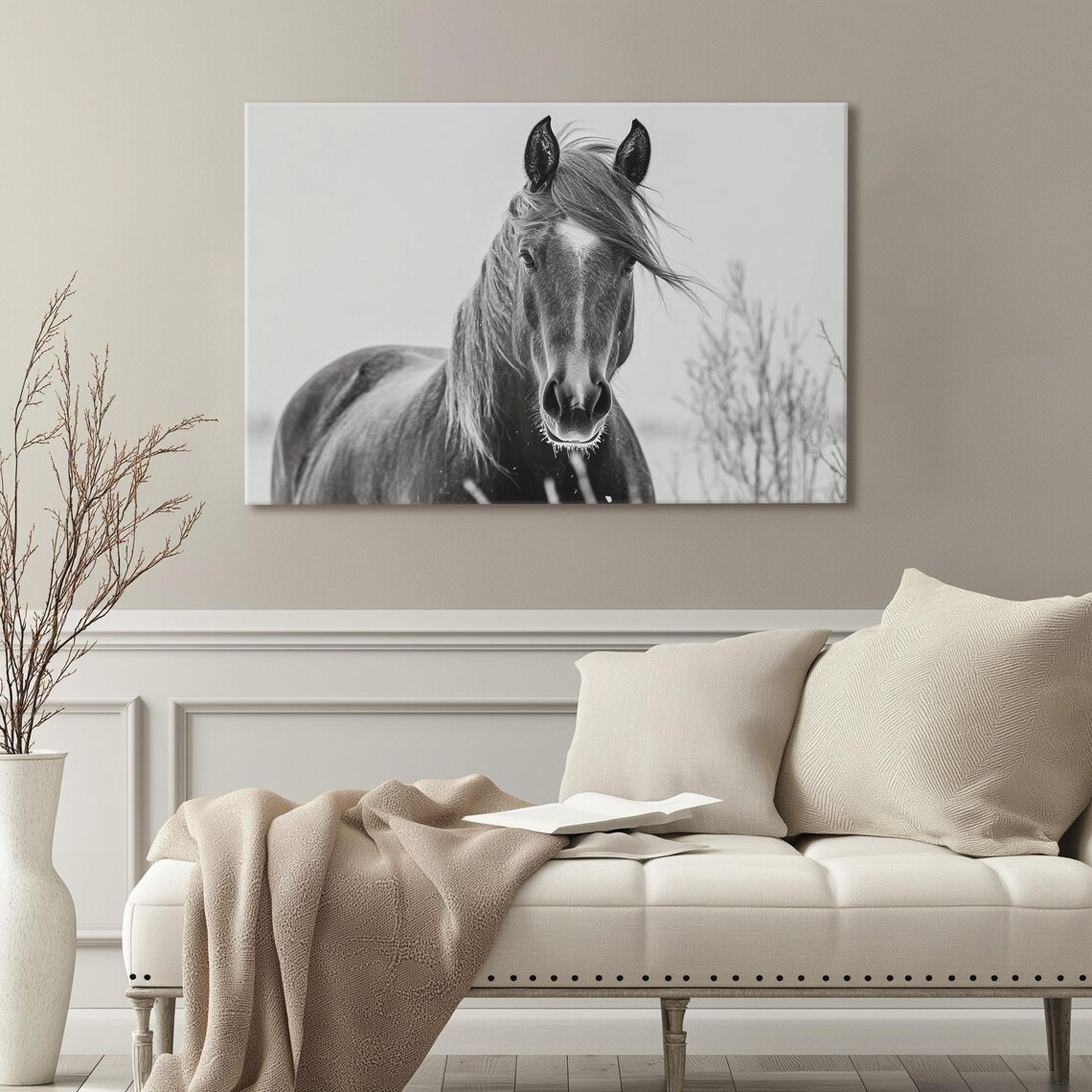Black and White Horse Portrait With Windswept Mane Equestrian Poster - Image 4