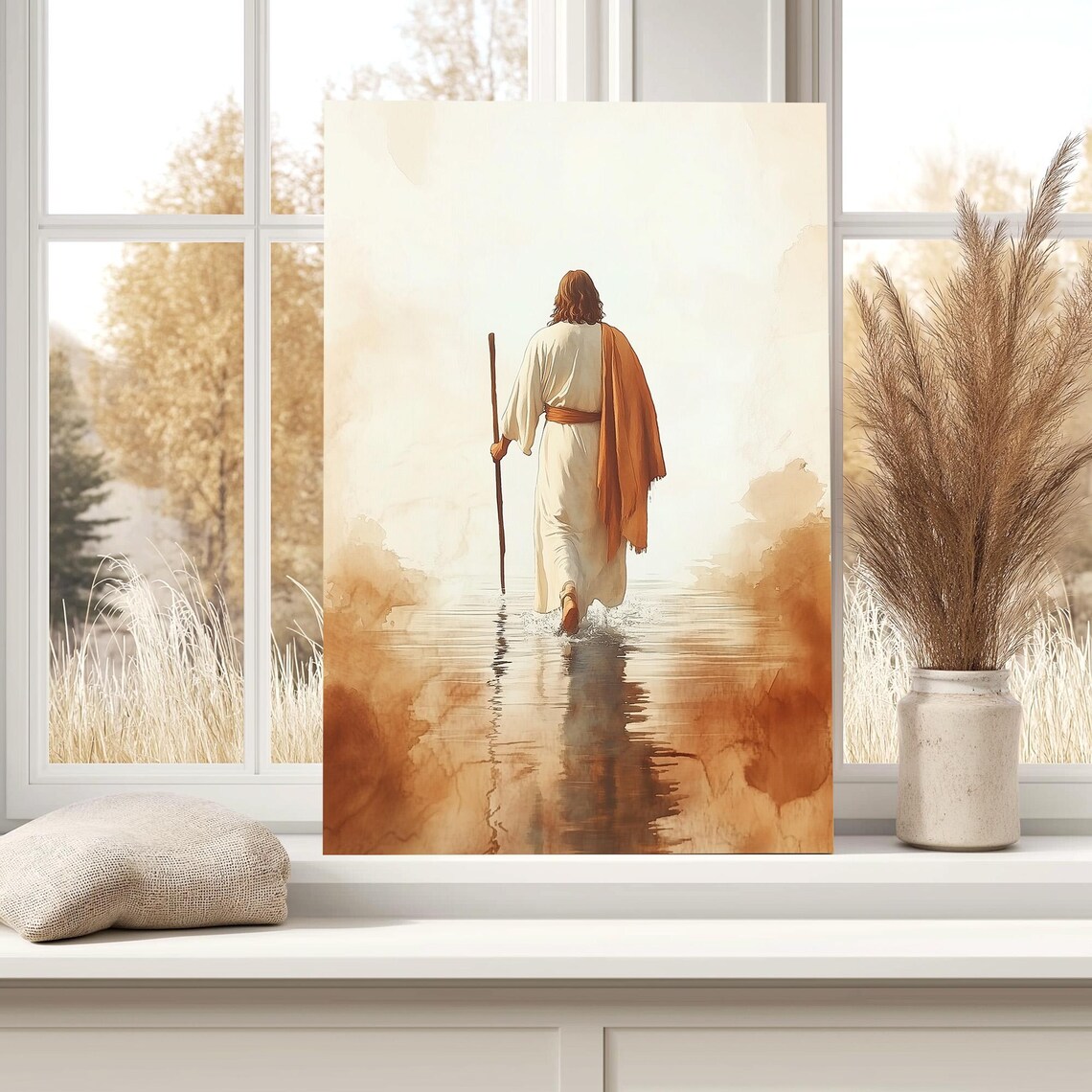 Jesus Walking On Water With Staff In Sepia Watercolor Poster - Image 3