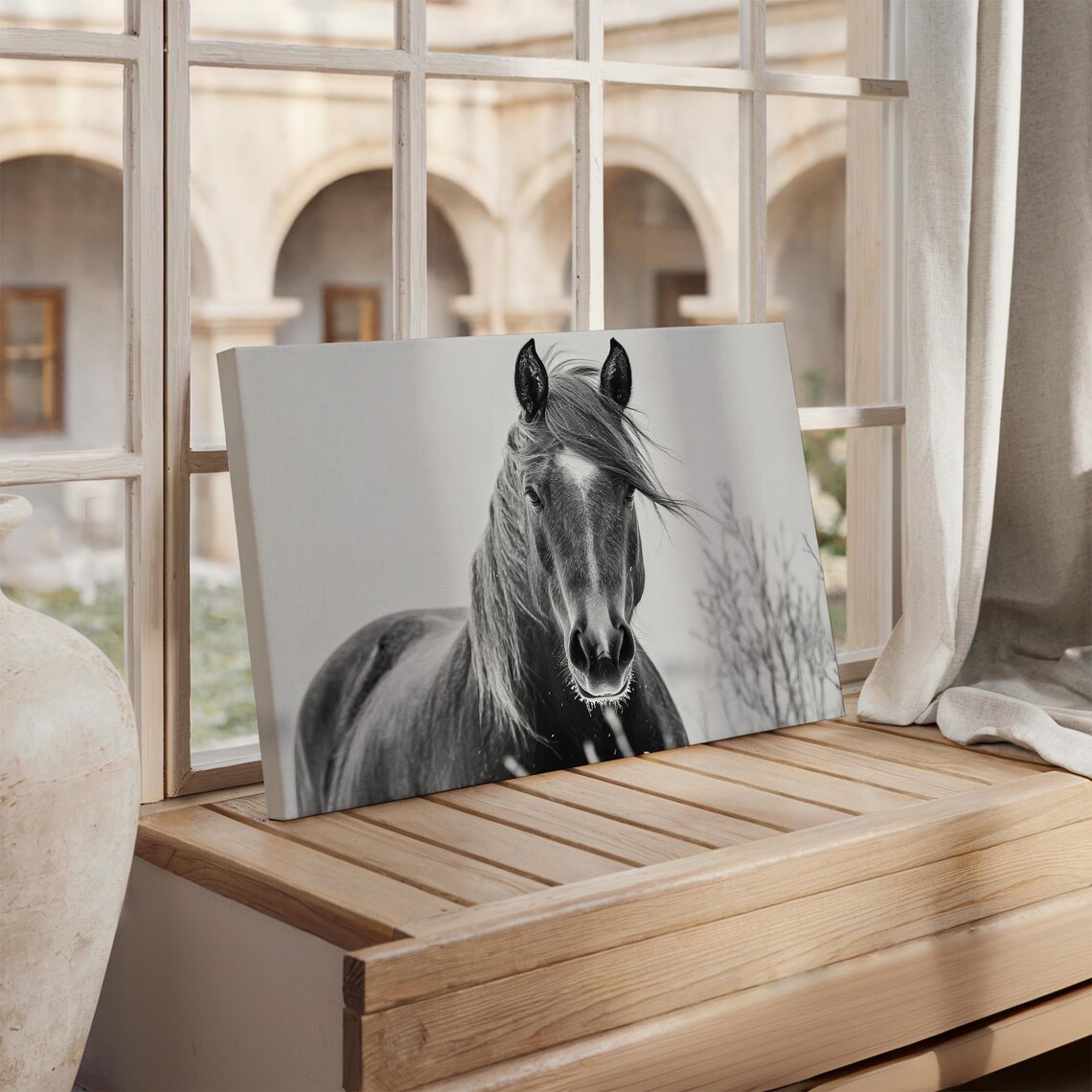 Black and White Horse Portrait With Windswept Mane Equestrian Poster - Image 2