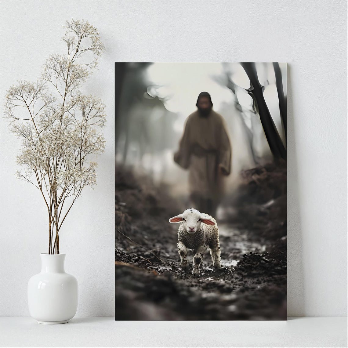 Lost Lamb On Dark Muddy Path With Shepherd Emerging Behind Poster - Image 6