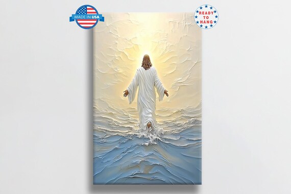 Jesus Christ Walking On Water At Sunrise Reflection Painting Poster