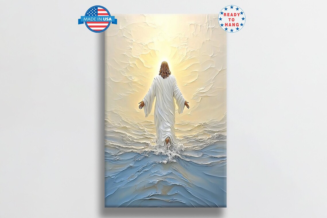 Jesus Christ Walking On Water At Sunrise Reflection Painting Poster