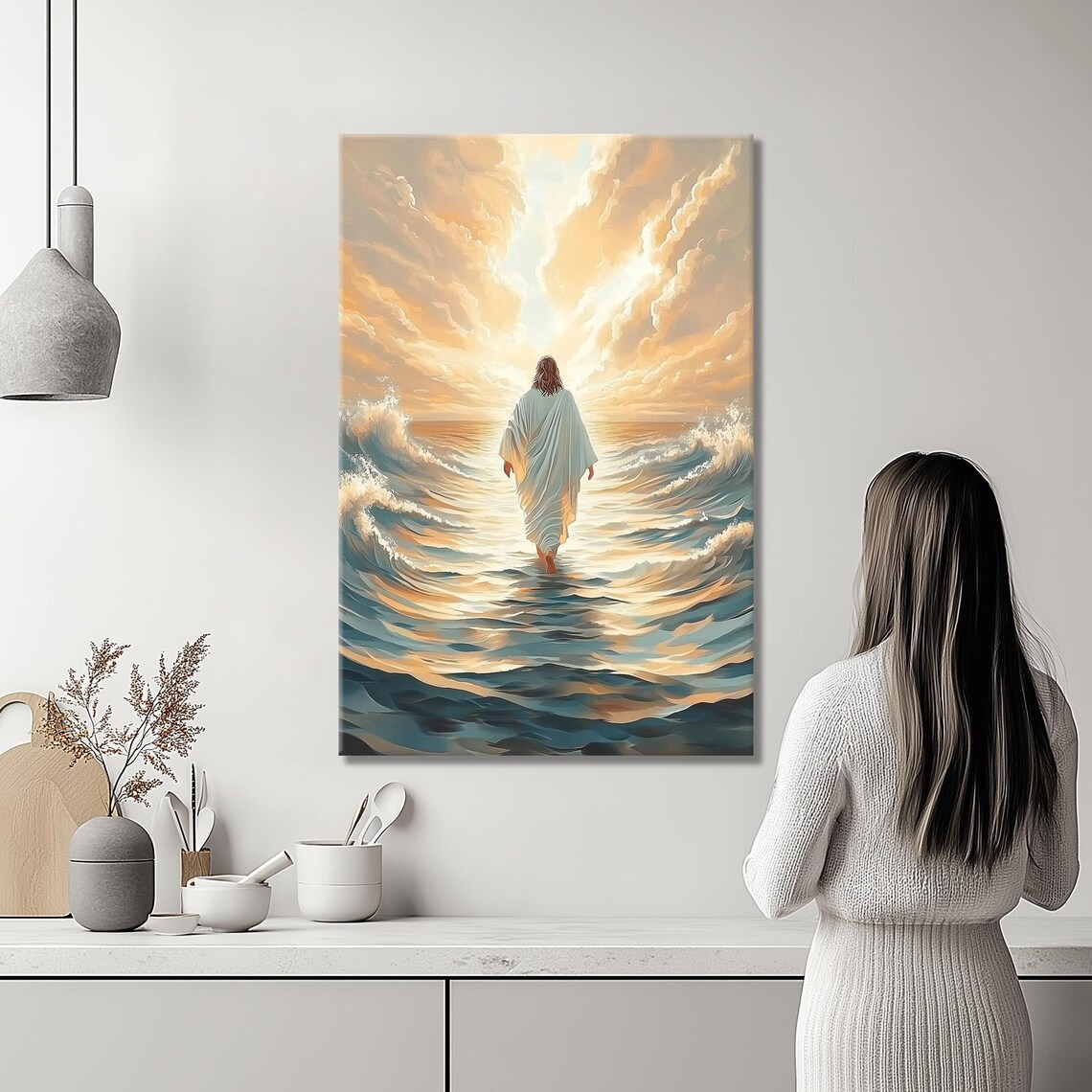 Jesus Walking On Rolling Blue Waves Toward Golden Sunrise Poster - Image 2