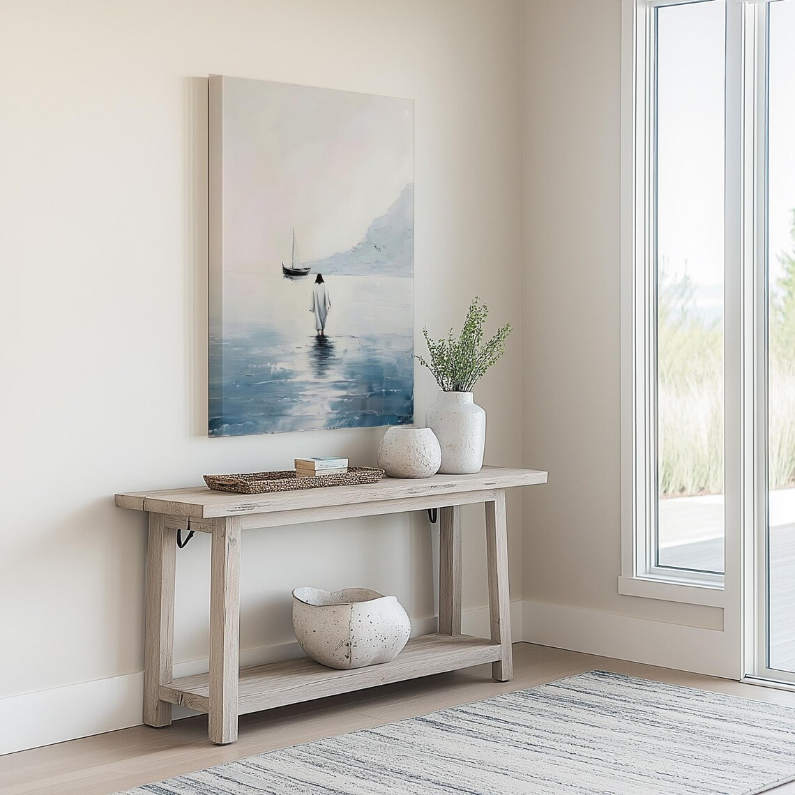 Minimalist Jesus Walking On Water Toward Sailboat Painting Poster - Image 3