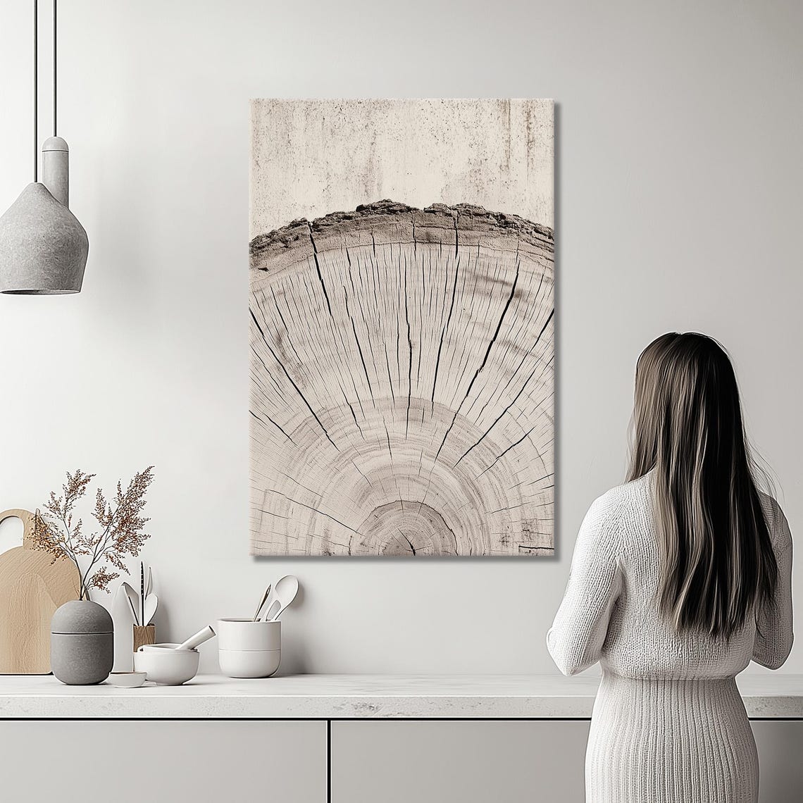 Tree Ring Art For Modern Farmhouse Decor Neutral Abstract Art Print For Living Room Vertical Minimalist Art Print Rustic Home Decor - Image 2