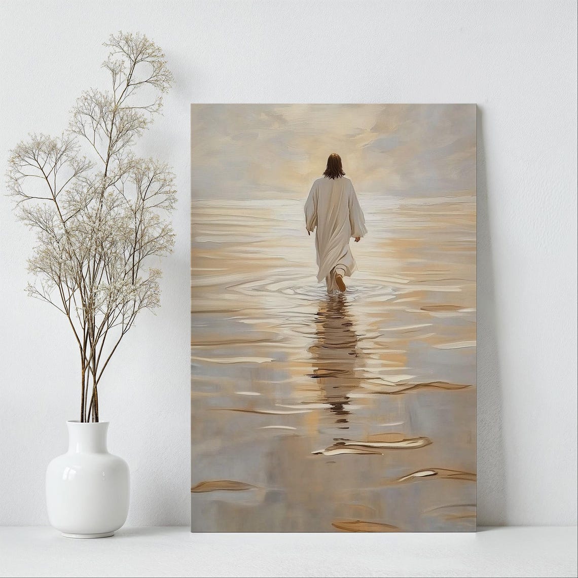 Jesus Christ Walking Away On Golden Water At Bright Sunrise Poster - Image 6