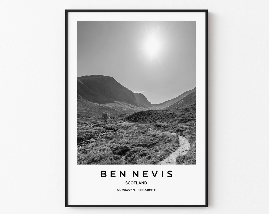 Ben Nevis Scotland Black White Highland Mountain Valley Trail Poster