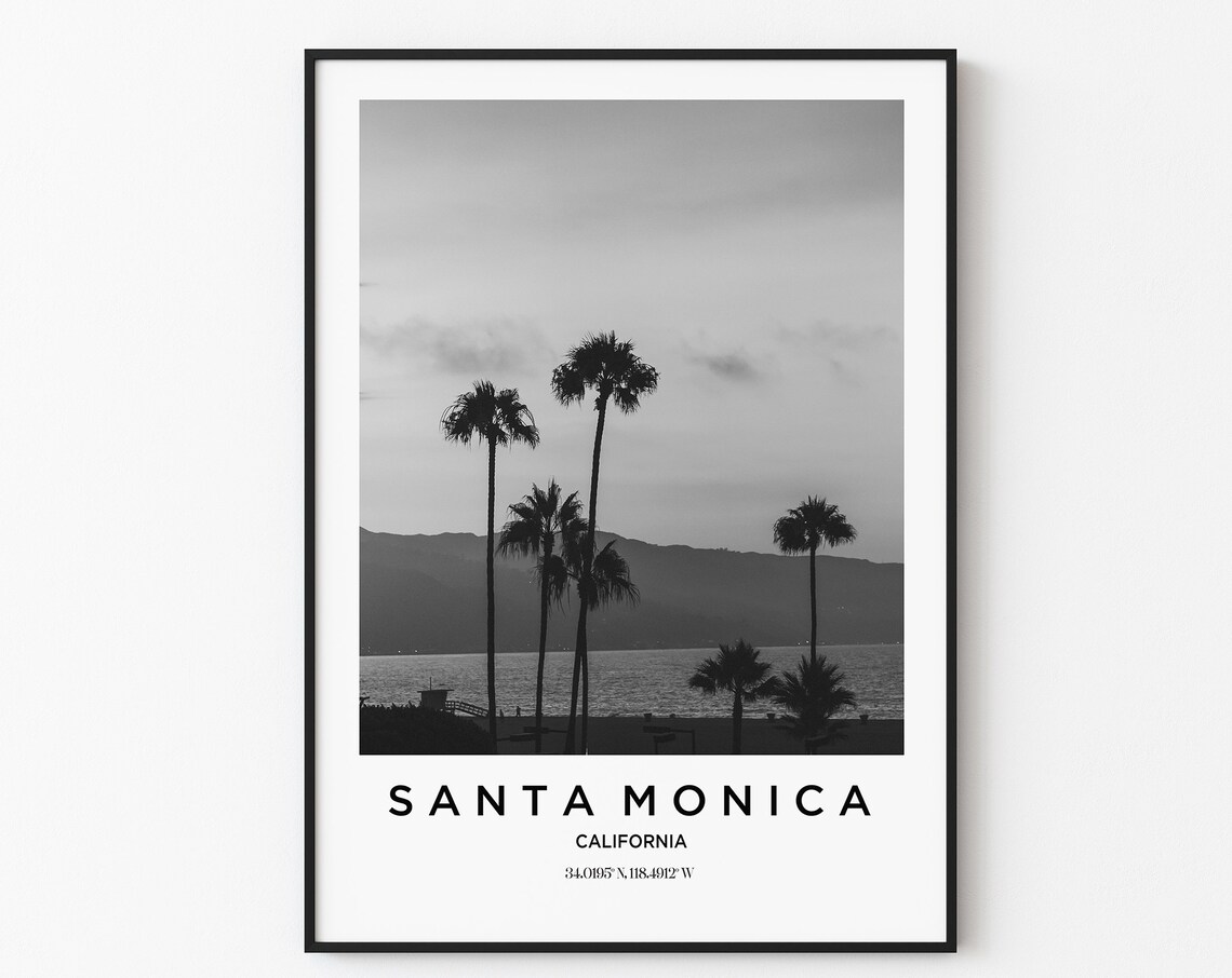 Santa Monica California Beach Black and White Palm Trees Poster
