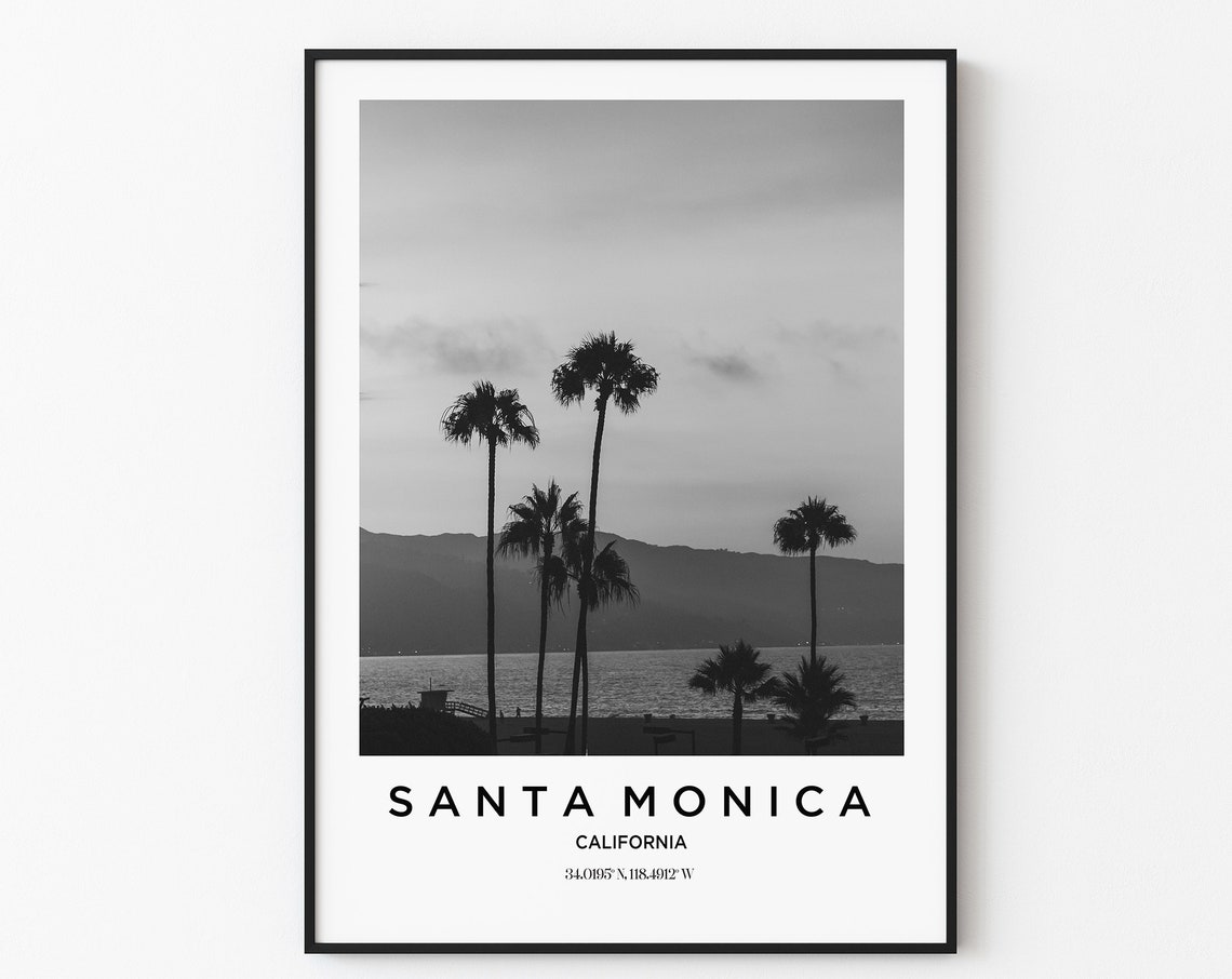 Santa Monica Travel Poster Santa Monica Print Santa Monica Photo Print Black And White Photography Monochrome Travel Photography