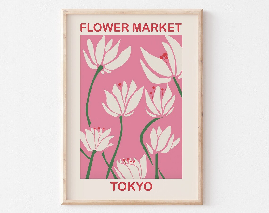 Flower Market Tokyo Pink White Floral Graphic Botanical Print - Image 3