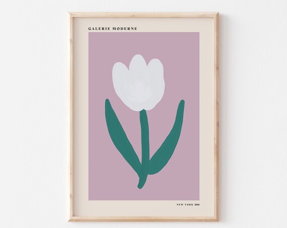 Galerie Moderne White Tulip on Mauve Minimalist Floral Art Poster