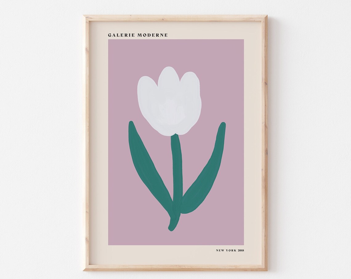 Galerie Moderne White Tulip on Mauve Minimalist Floral Art Poster
