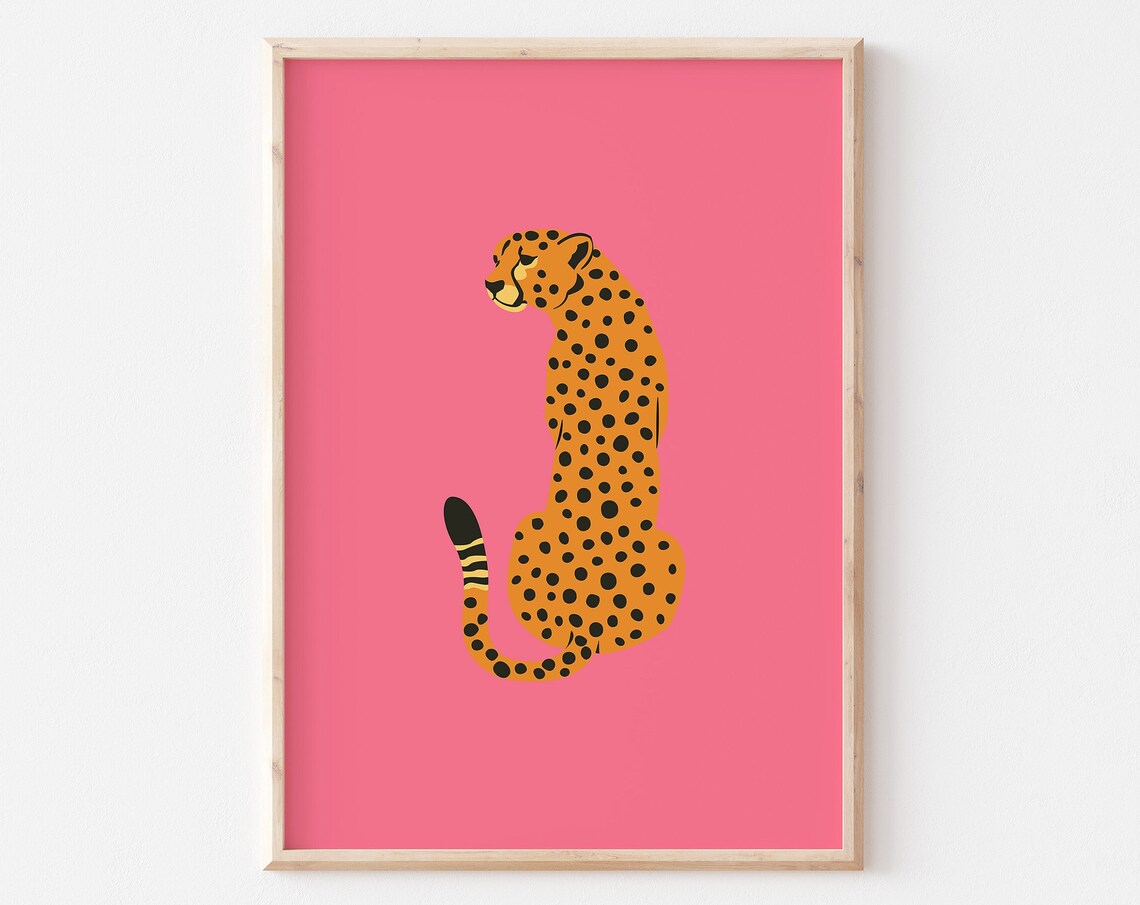 Sitting Cheetah Illustration On Pink Background Art Poster For Kids Room Decor