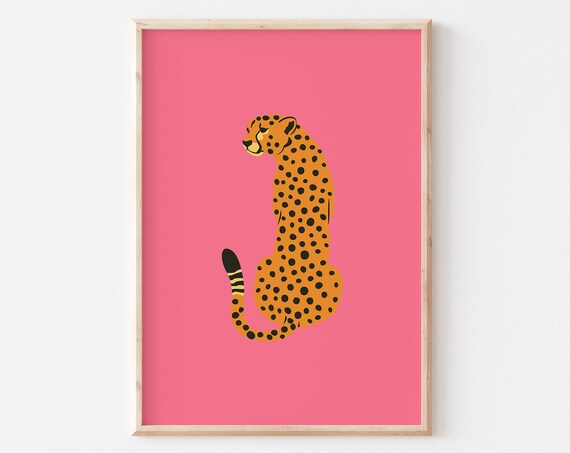 Sitting Cheetah Illustration On Pink Background Art Poster For Kids Room Decor