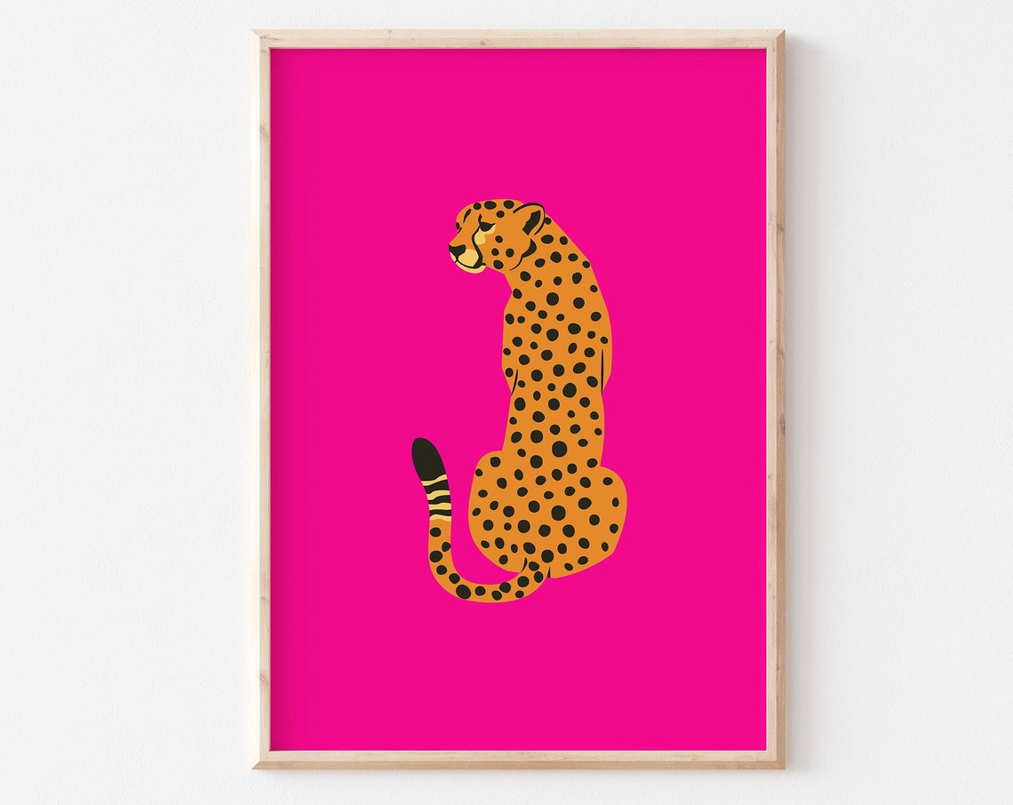 Seated Cheetah Hot Pink Background Pop Art Animal Wall Print