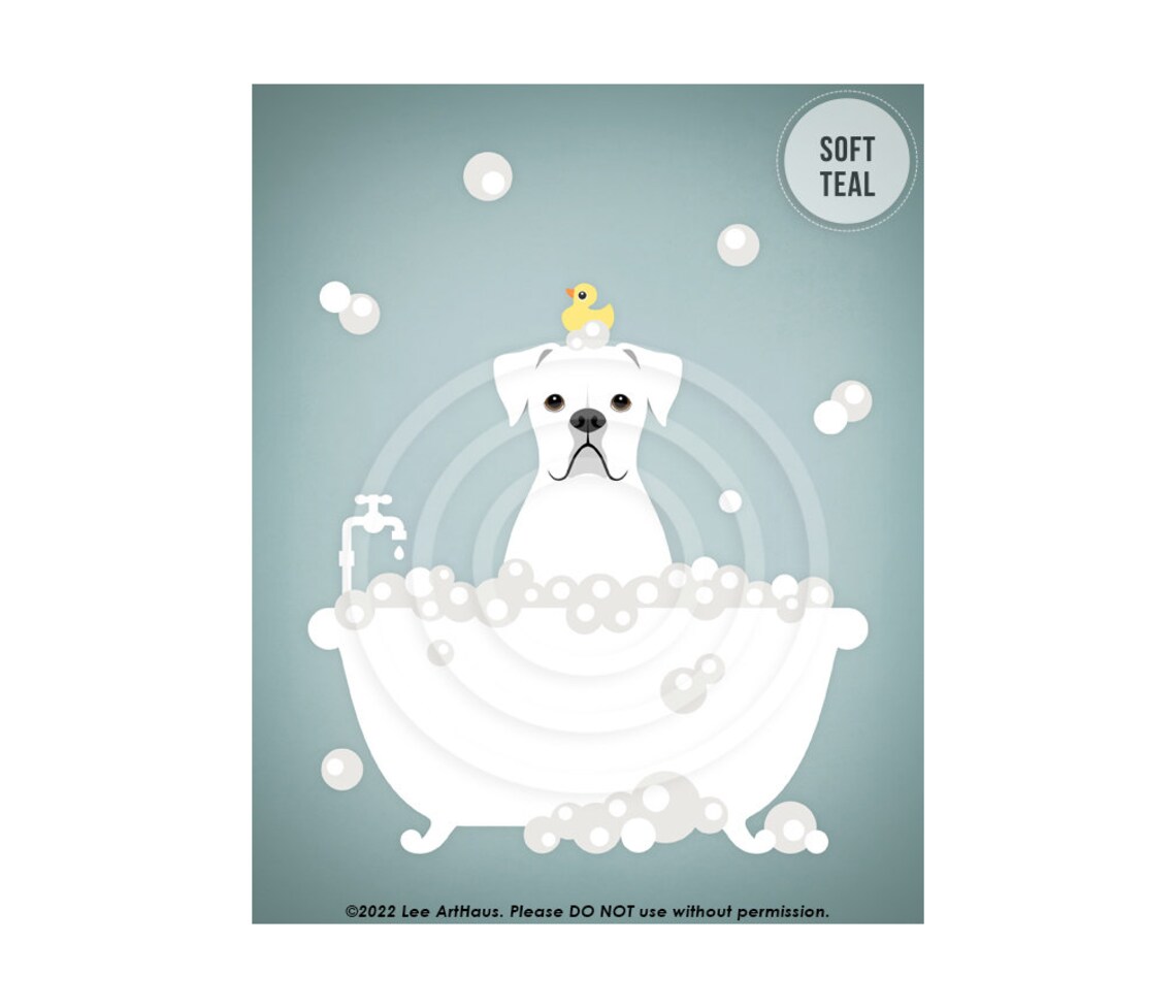 White Boxer Dog Bubble Bath Rubber Ducky Pink Bathroom Dog Poster - Image 4