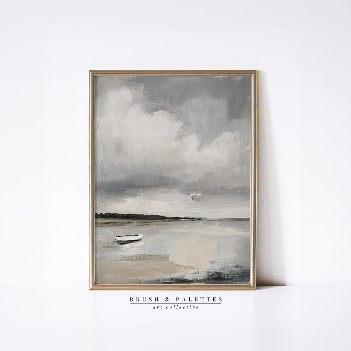Minimalist Gray Beach Lone White Boat Moody Shore Painting Poster