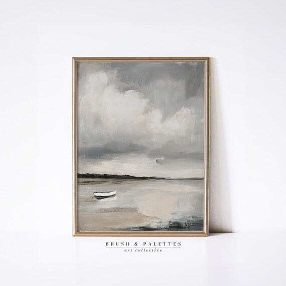 Minimalist Gray Beach Lone White Boat Moody Shore Painting Poster