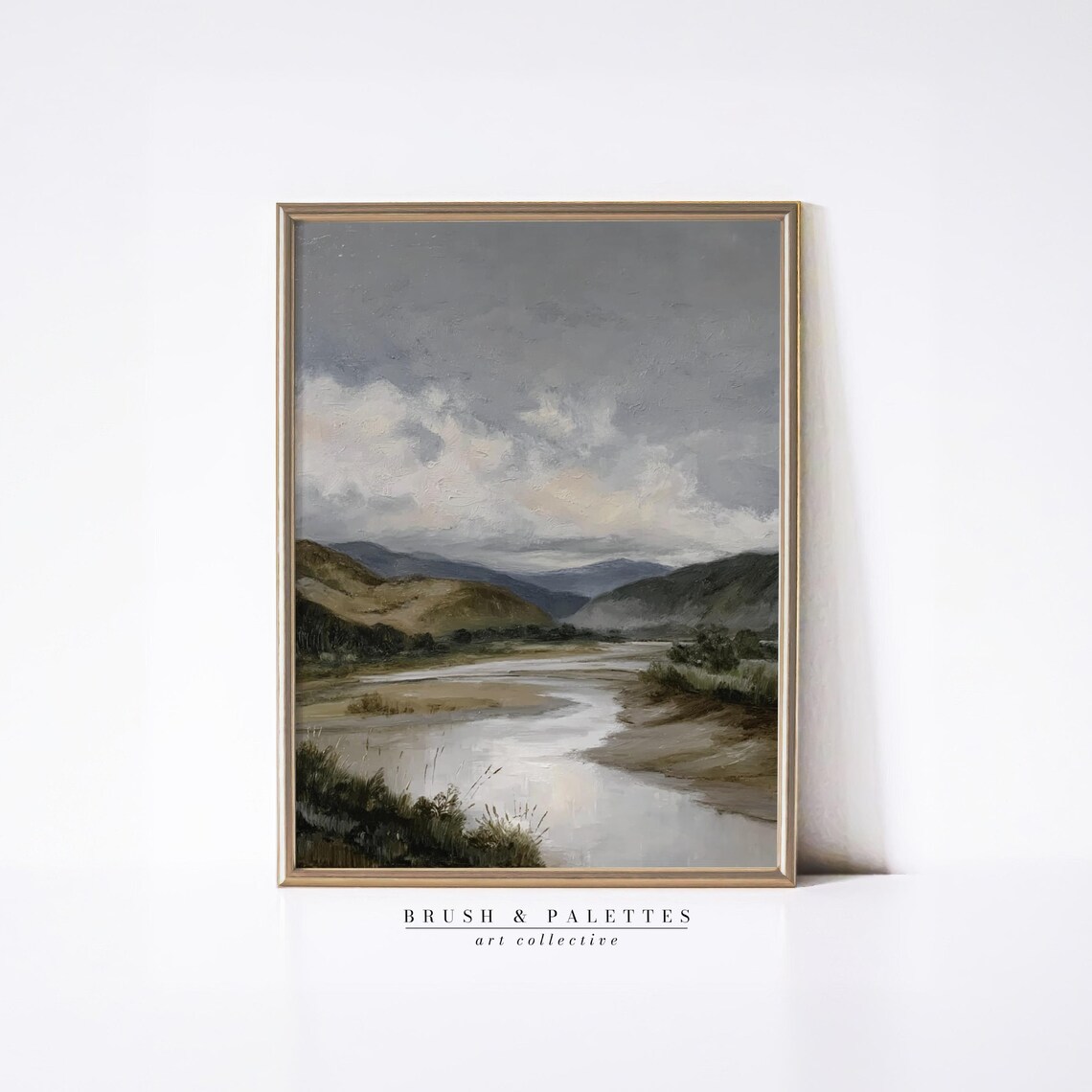 Moody Overcast River Valley Mountain Landscape Oil Painting Poster