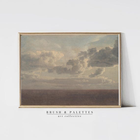 Vintage Cloudscape Over Calm Sea Moody Sky Horizon Oil Painting In Neutral Tones Celestial Wall Art For Rustic Decor
