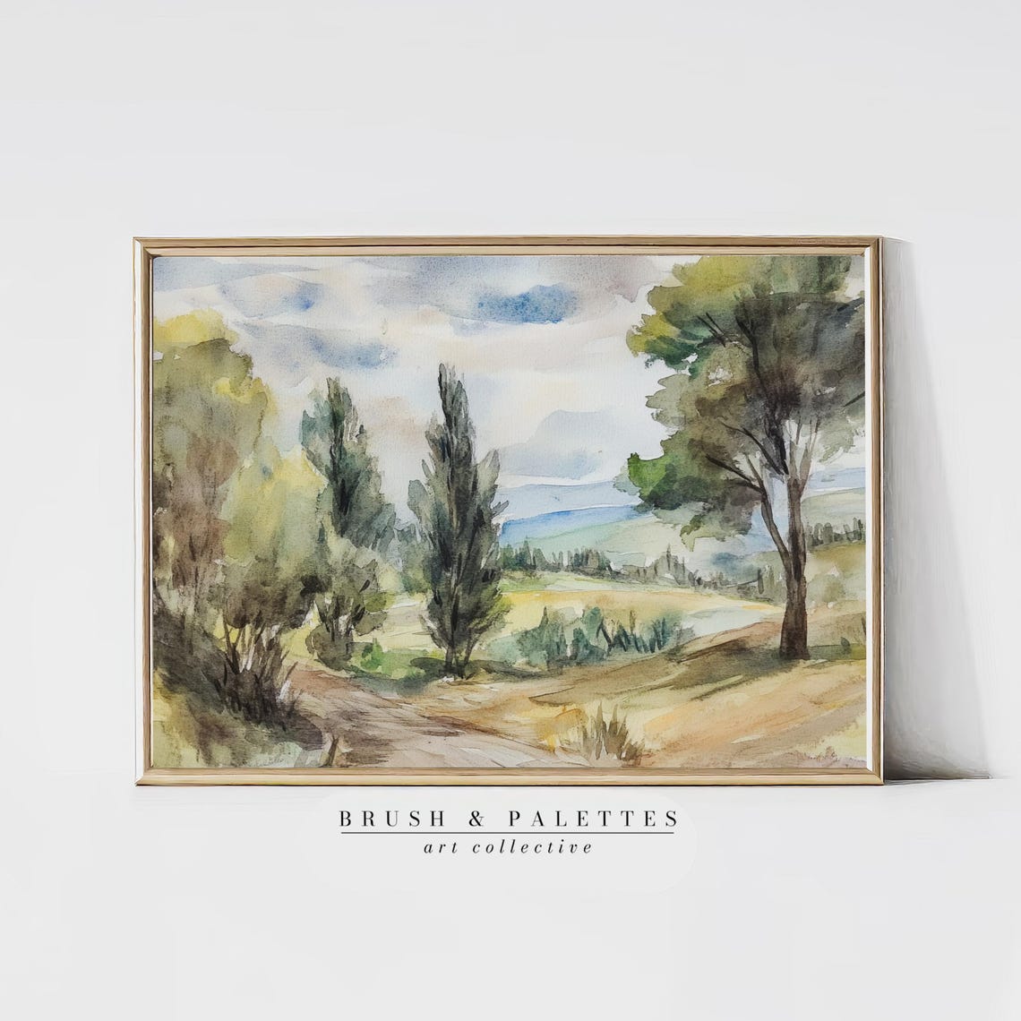 Countryside Path Watercolor Cypress Trees Pastoral Landscape Poster