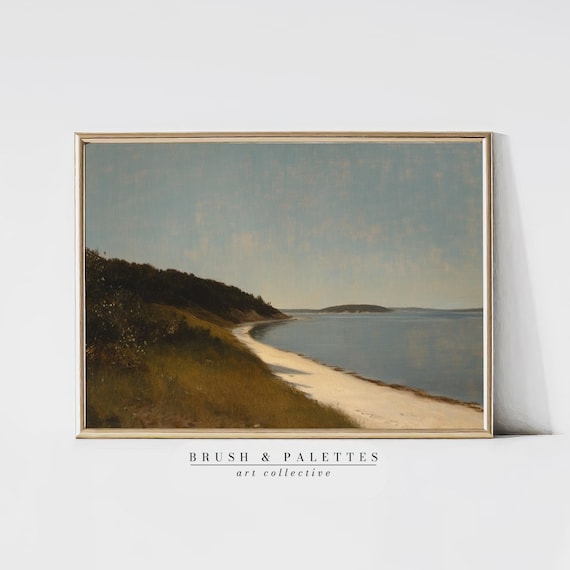 Golden Dune Shoreline Painting Calm Blue Bay Beach Landscape Poster