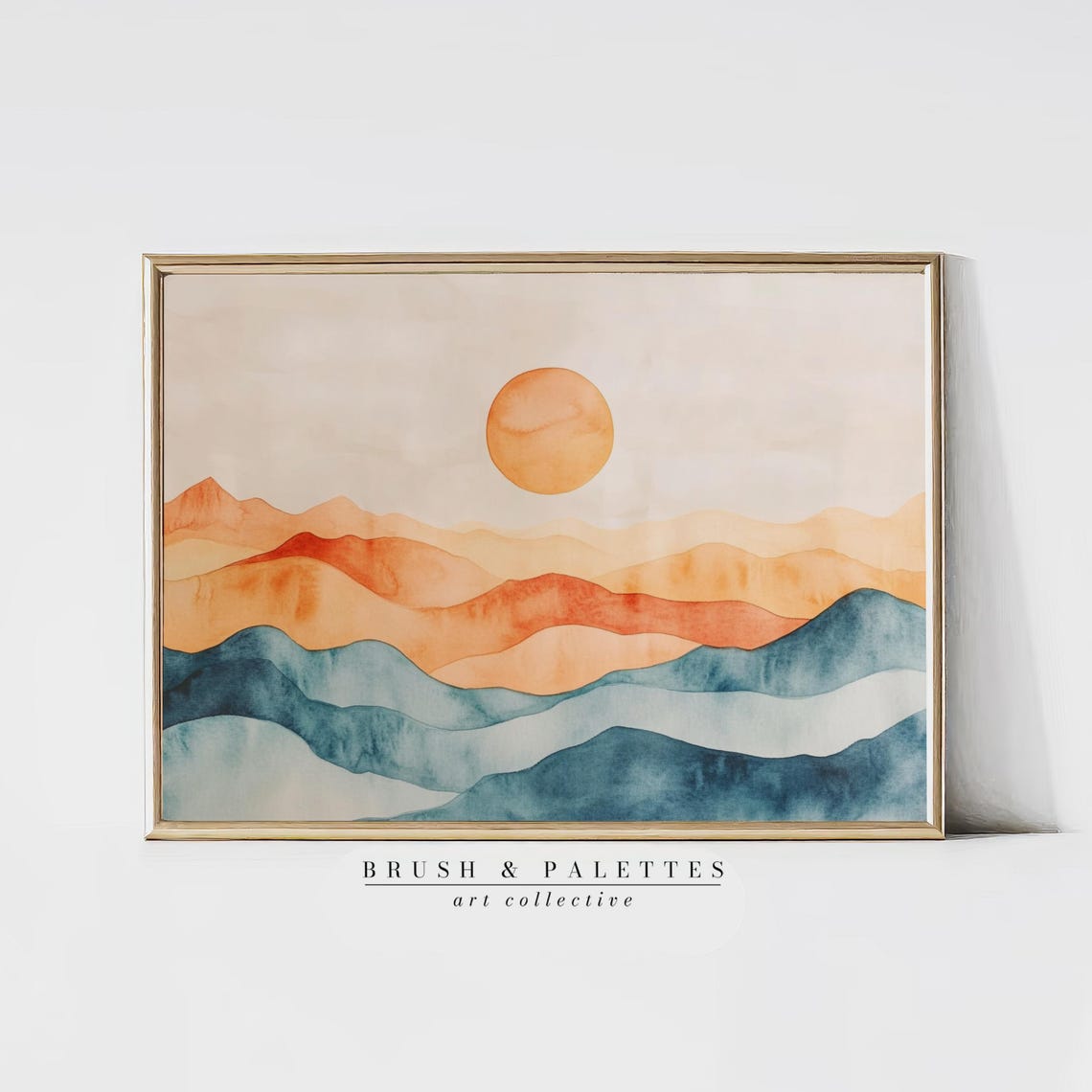 Sun Over Abstract Mountains Watercolor Orange Teal Modern Wall Art