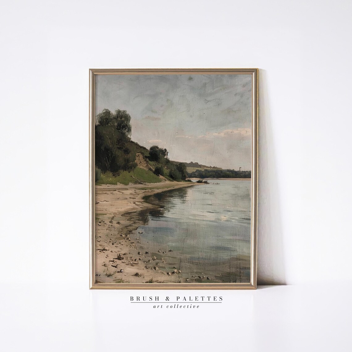 Serene Riverbank Sandy Shore Trees Calm Water Painting Poster