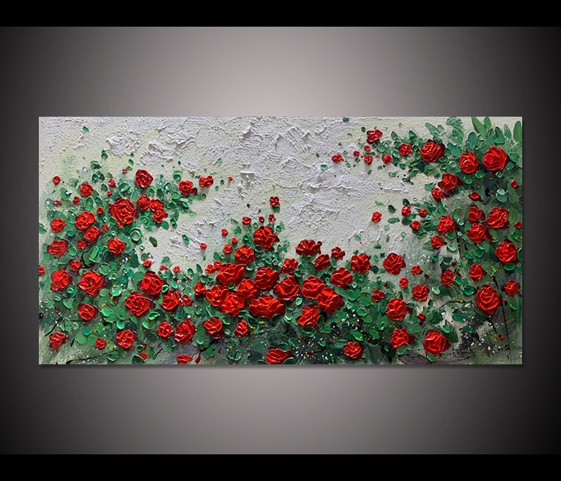 Red Roses Horizontal Panoramic Blooming Rose Bush Impasto Poster