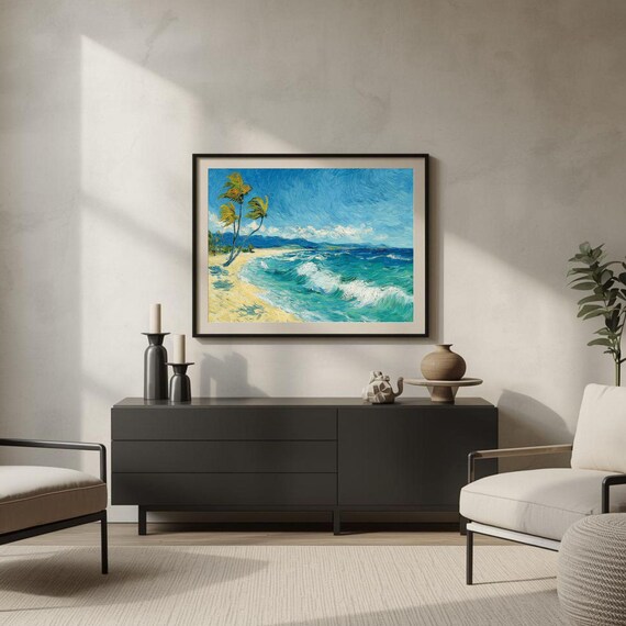 Tropical Palm Trees Ocean Breeze Beach Seascape Painting Poster