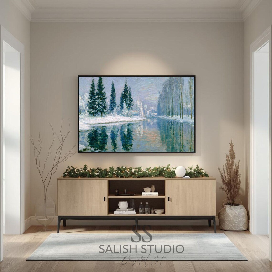 Snowy Evergreen Trees by a Frozen River Winter Landscape Poster