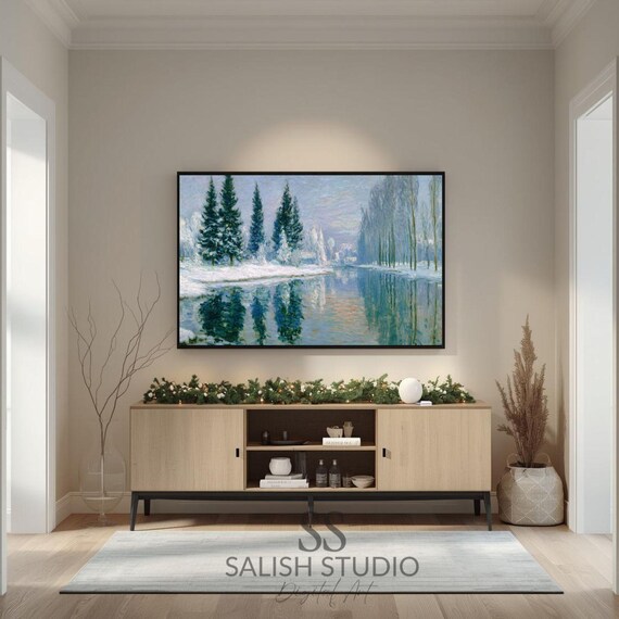 Snowy Evergreen Trees by a Frozen River Winter Landscape Poster