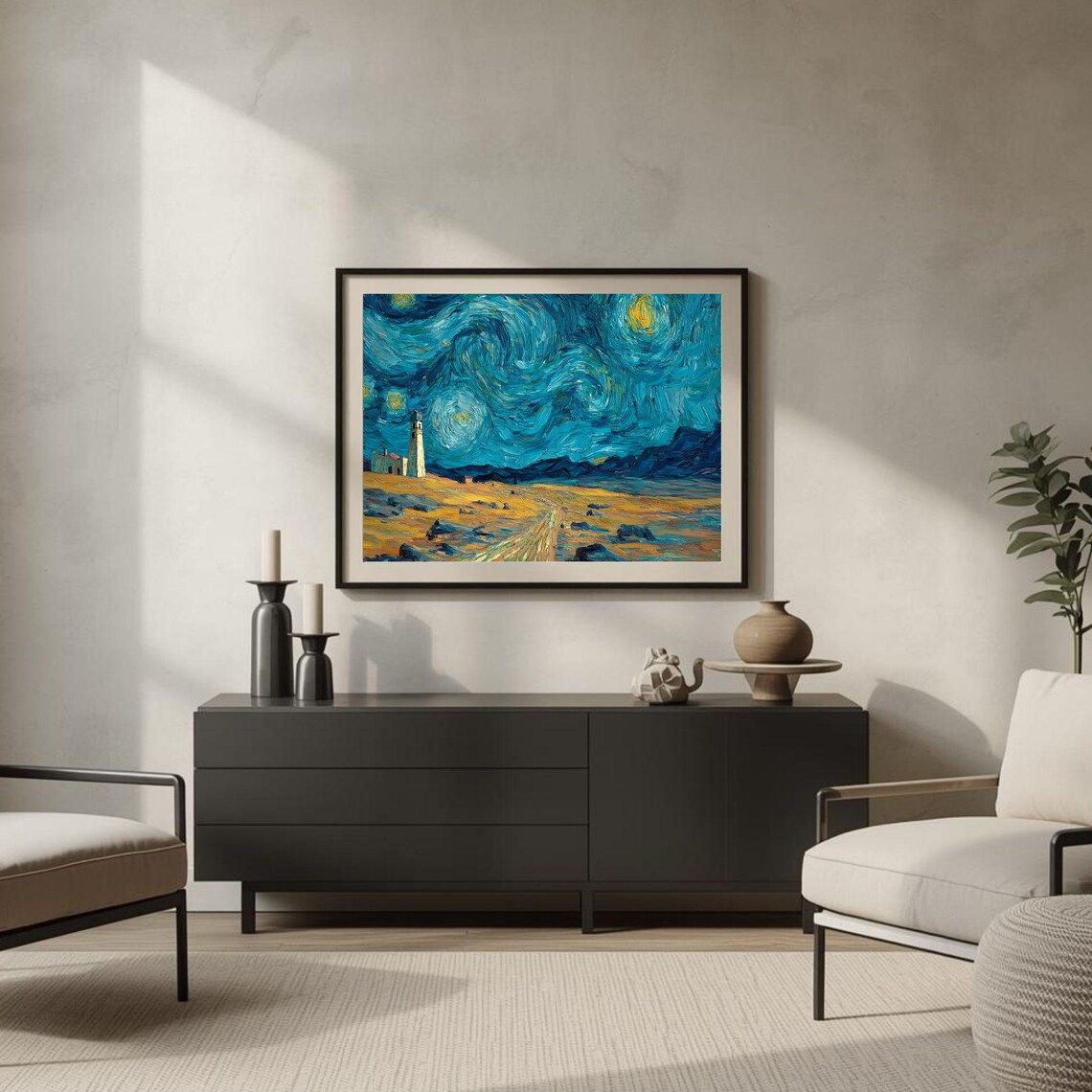 Van Gogh Style Starry Night Lighthouse Golden Rocky Shore Poster