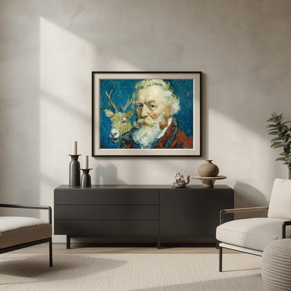 Santa Claus and Rudolph Festive Portrait Oil Painting Poster
