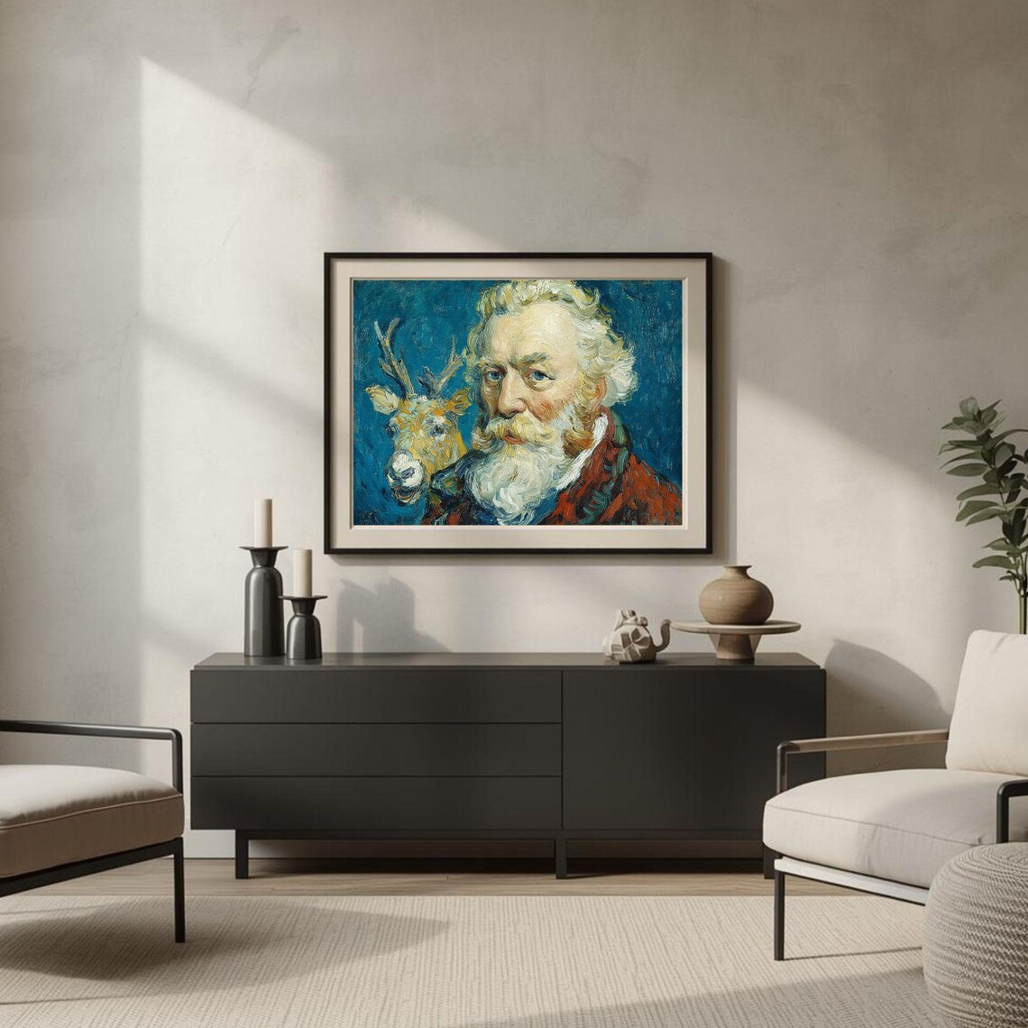 Santa Claus and Rudolph Festive Portrait Oil Painting Poster