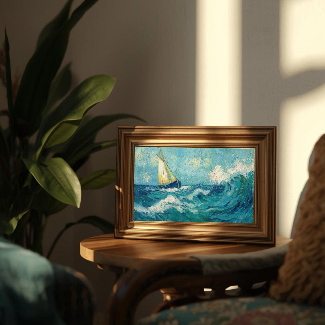 Stormy Sea Sailboat Dramatic Waves Oil Style Nautical Art Print
