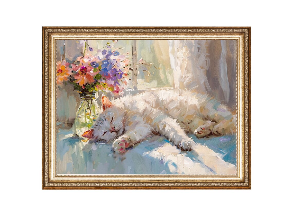 Sleeping White Cat Beside Bright Flowers In A Sunny Window Poster