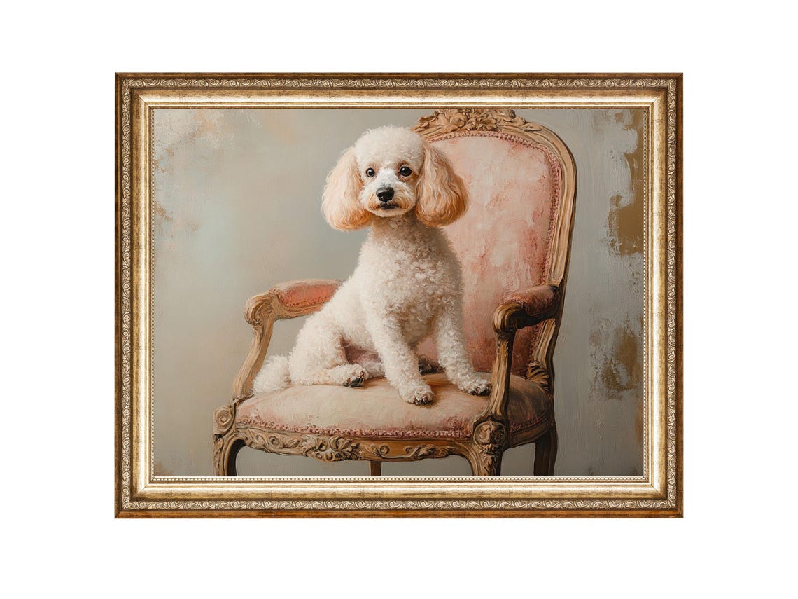 Poodle Dog Portrait French Vintage Chair Aristocratic Pet Art Vintage Oil Painting Cottagecore Wall Art Wall Art Prints