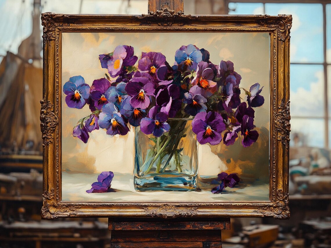 Vintage Pansy Floral in Glass Vase, Cottage Core Art Print - Image 2