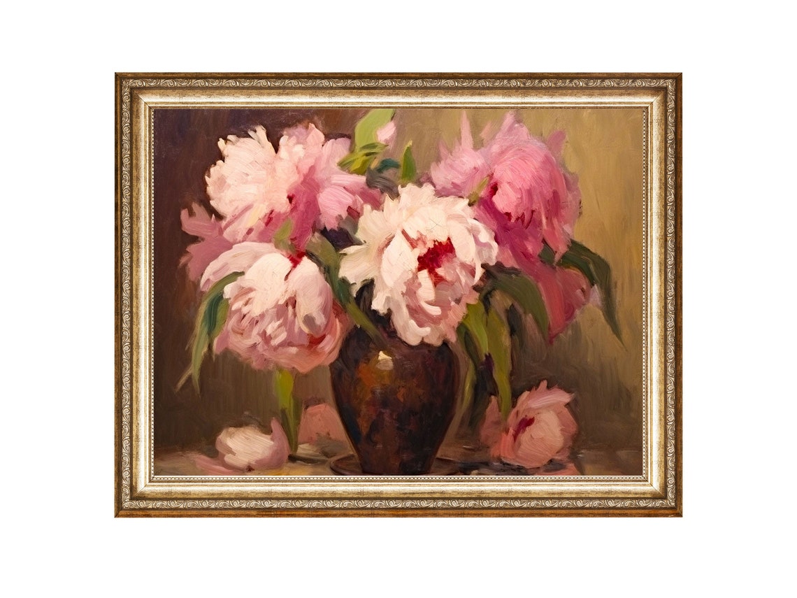 Peonies Art Print Peony Flowers Vintage Flower Painting Flower Vase Vintage Antique Oil Painting
