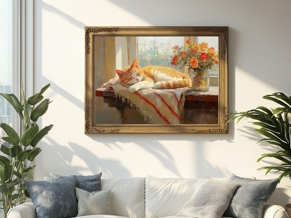 Sleeping Ginger Cat by Sunny Window Cozy Rustic Pet Art Poster - Image 2