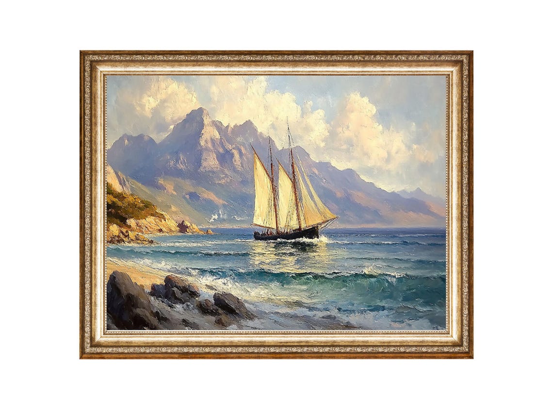 Sailboat Seascape Painting Nautical Ocean Art Coastal Wall Decor Oil Painting Cottage Core Art Best Gifts Vintage Painting Prints
