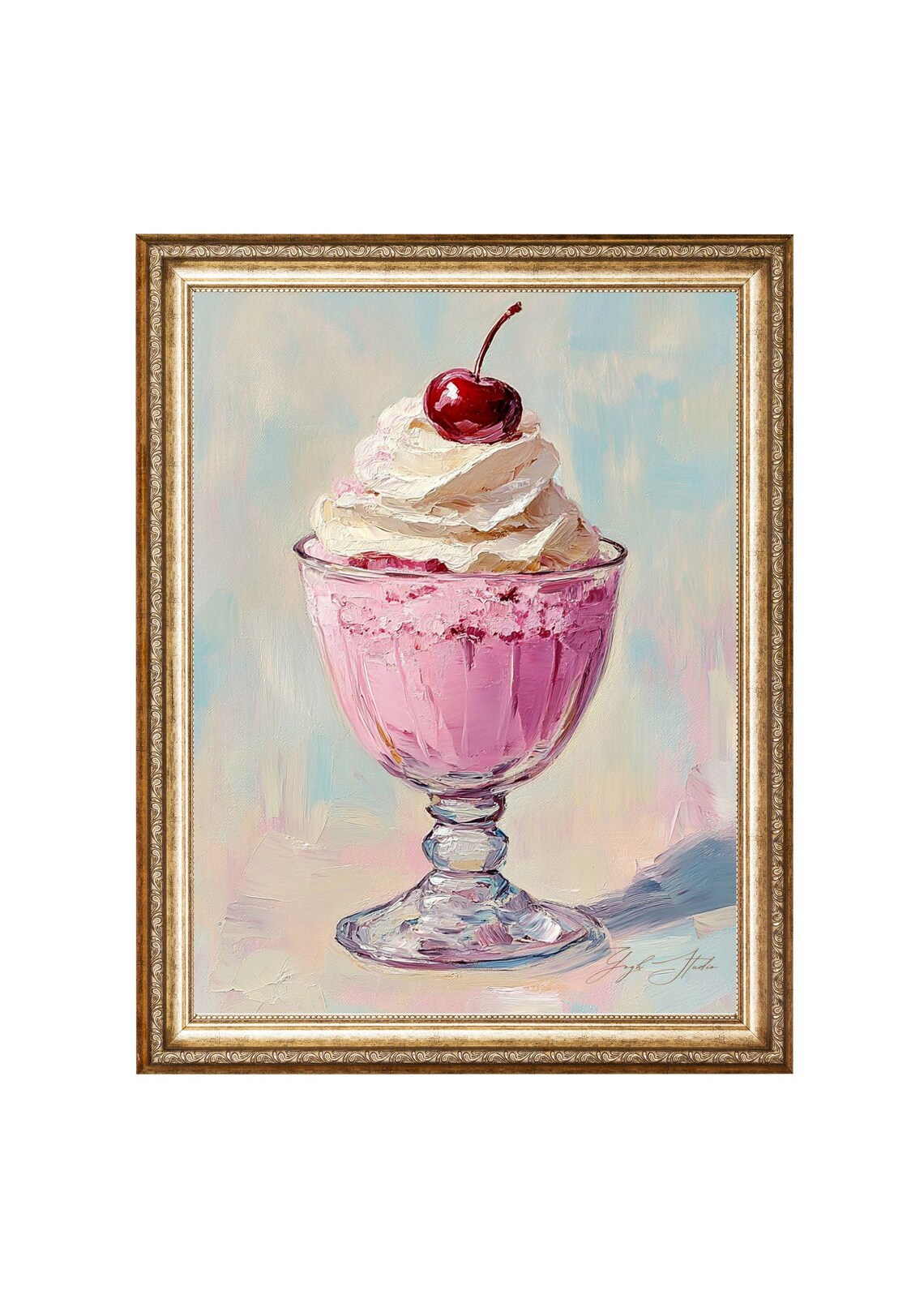 Cherry Sundae Dessert Still Life, Vintage Oil Painting