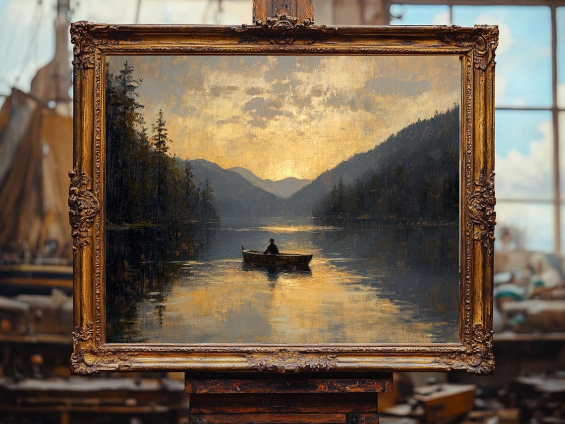Fisherman Art Sunset Lake Painting Boat Wall Art Fishing Gifts Oil Painting Cottage Core Art Best Gifts Vintage Painting Prints - Image 2
