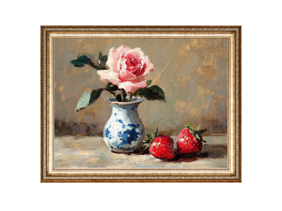 Rose And Strawberries Still Life Art Oil Painting Cottage Core Art Best Gifts Vintage Painting Wall Art Prints