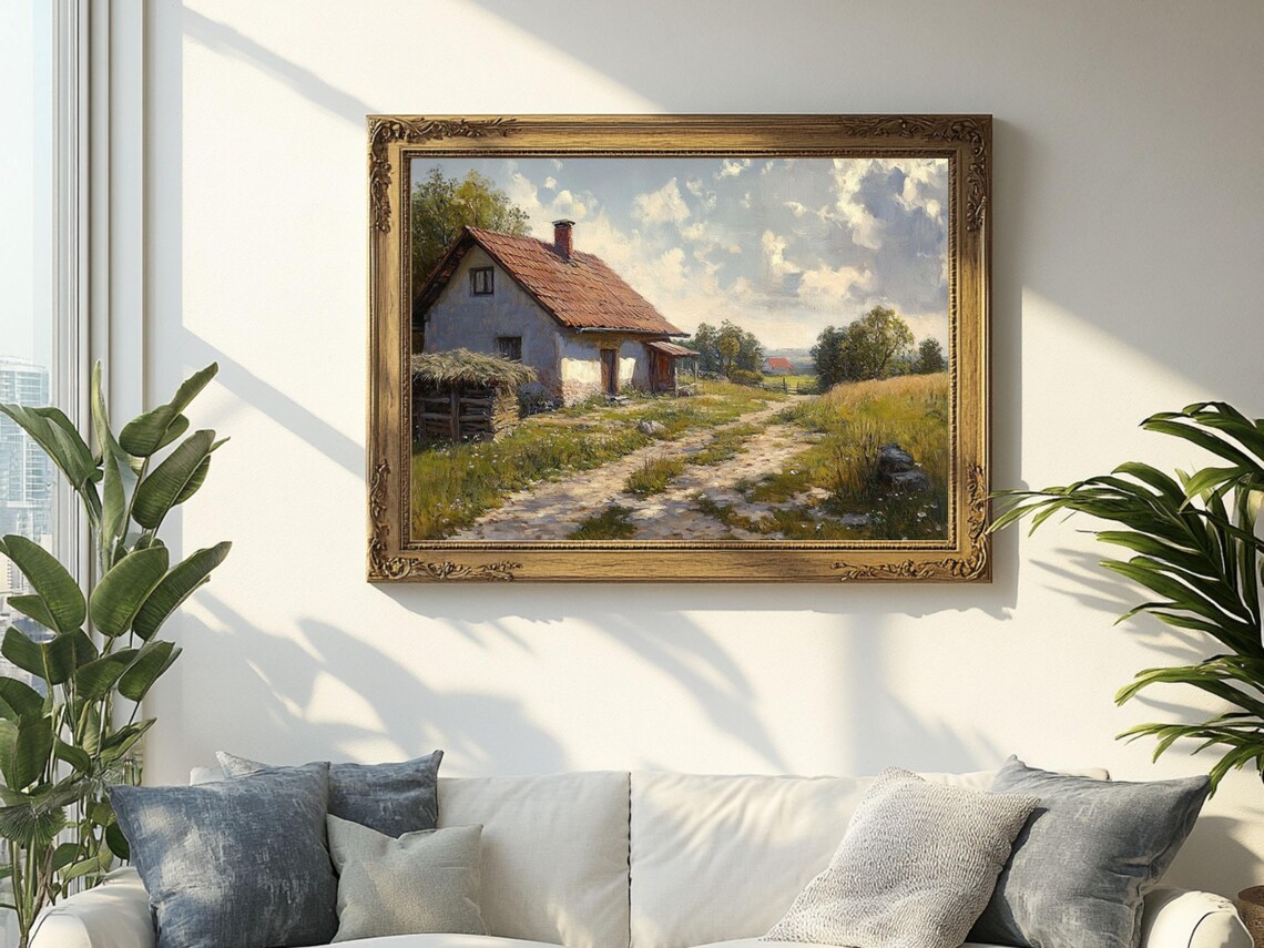 Rustic Country Cottage Landscape, Vintage Oil Painting - Image 2
