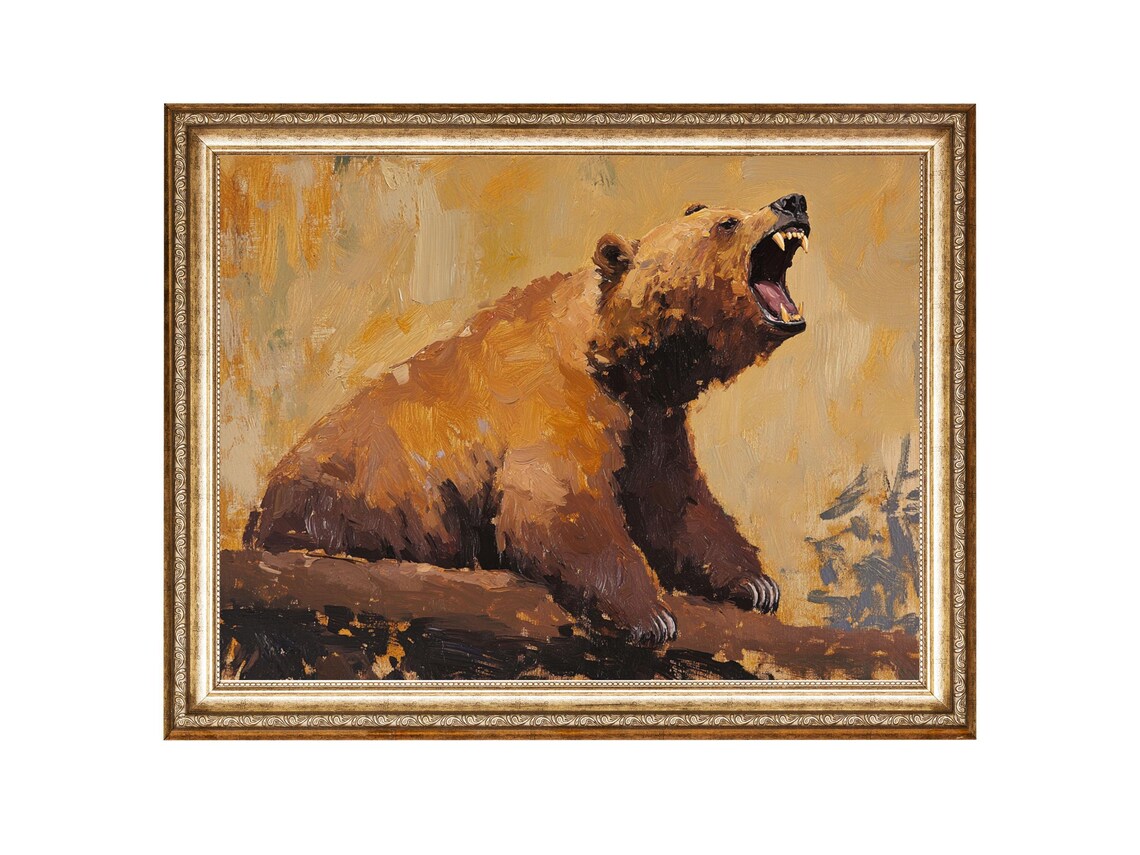 Roaring Brown Bear Bold Wildlife Oil Painting Dramatic Animal Poster
