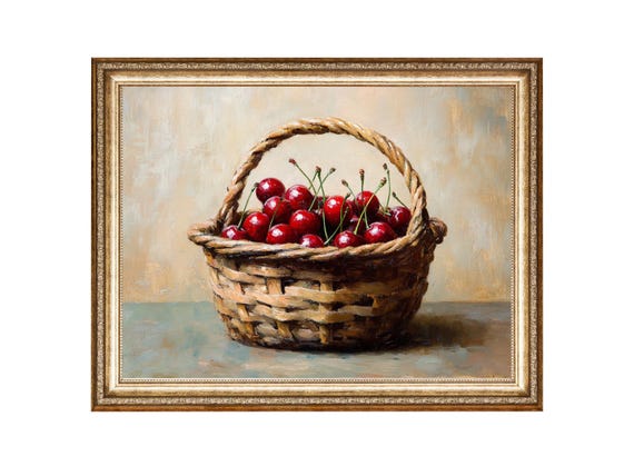 Fruit Still Life Cherry Painting Fruit Basket Oil Painting Cottage Core Art Vintage Painting Prints