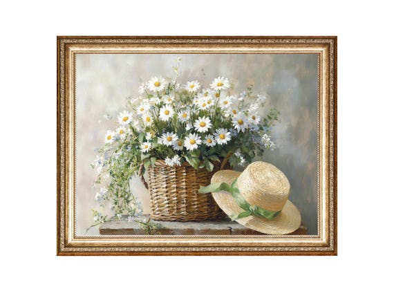Daisy Bouquet in Wicker Basket, Cottage Core Art Print