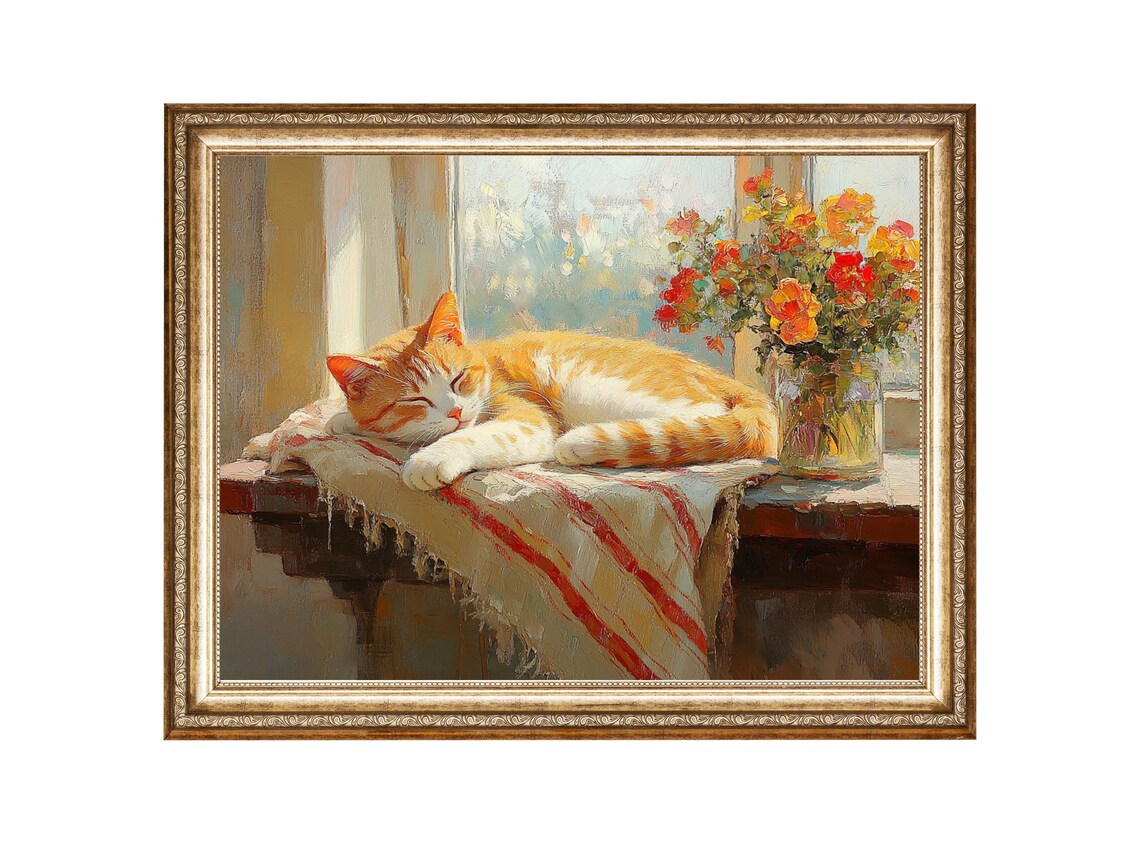 Sleeping Ginger Cat by Sunny Window Cozy Rustic Pet Art Poster
